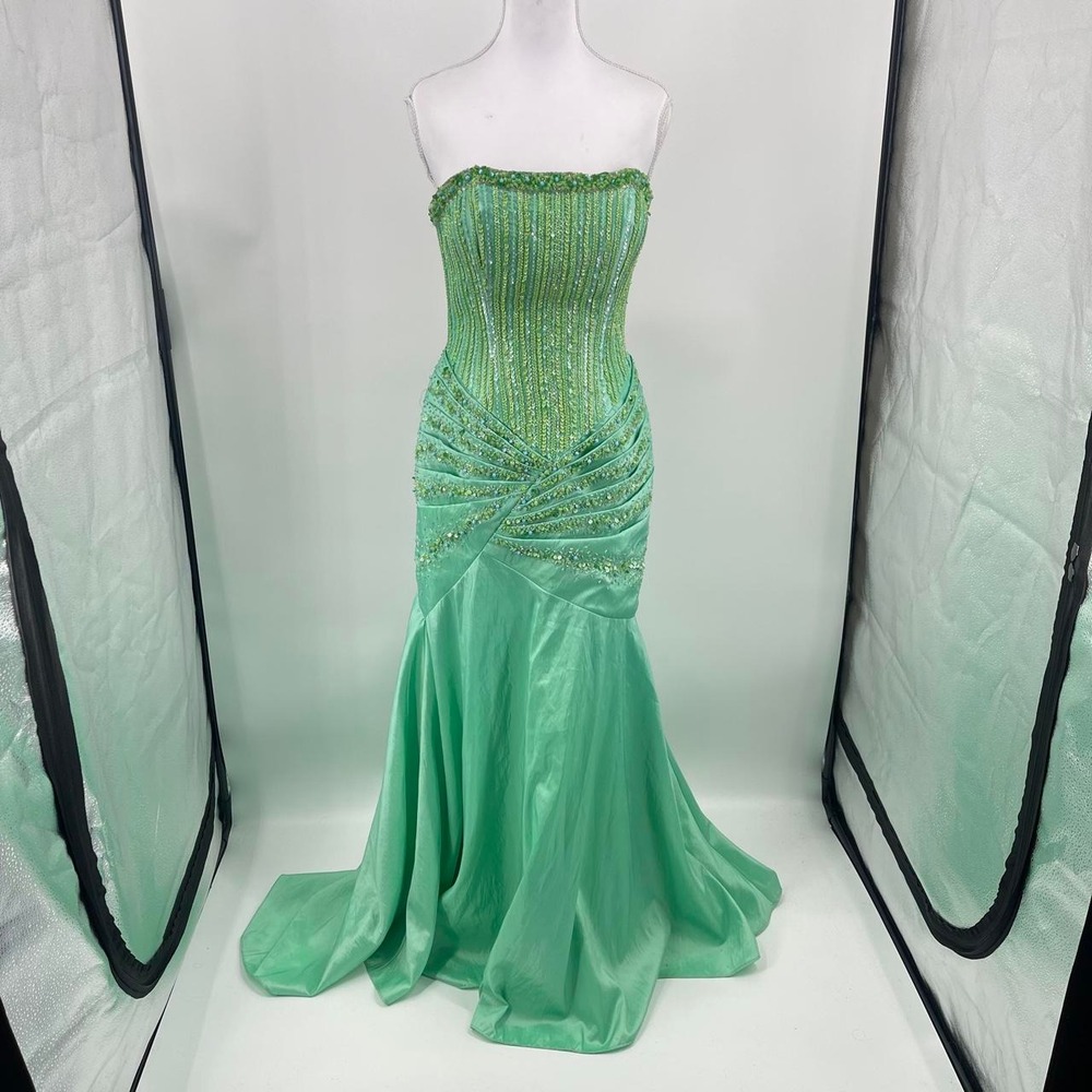 Vintage Y2K Beaded Formal Ball Gown Dress Green 4 S Regal Mermaid Princess Satin
